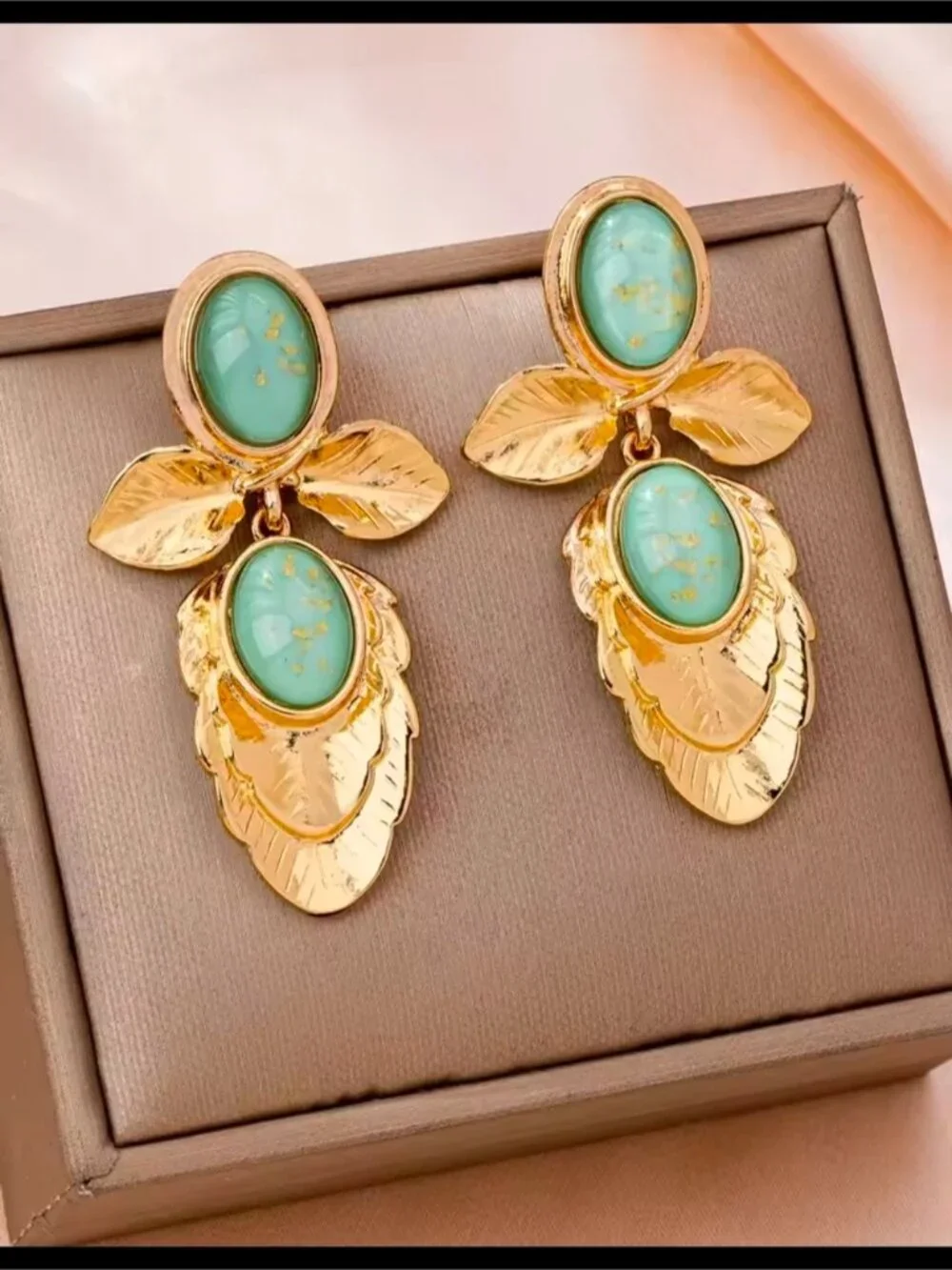 Gold Leaf Earrings with Turquoise Accents - Women Jewelry
